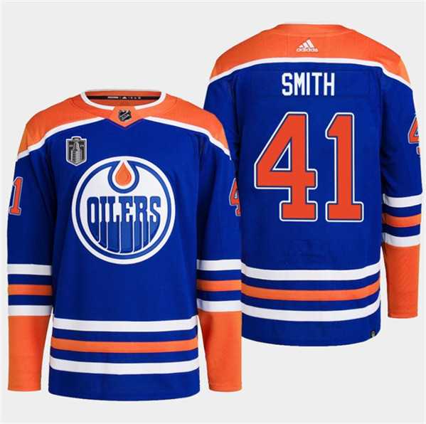 Mens Edmonton Oilers #41 Mike Smith Royal 2024 Stanley Cup Final Patch Stitched Jersey Dzhi->edmonton oilers->NHL Jersey